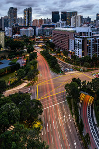 High angle view of street amidst buildings in city