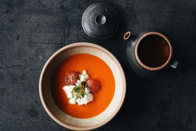 High angle view of tea in bowl on table