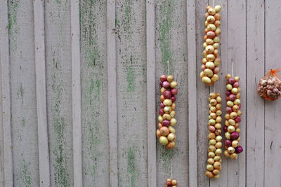 High angle view of candies on wood