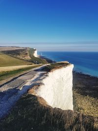 Scenic view of sea against clear blue sky