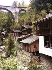 Arch bridge amidst trees and plants in old building