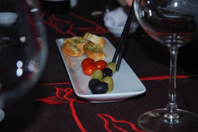 Close-up of food served on table