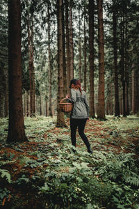 Woman gathering mushrooms in the forest