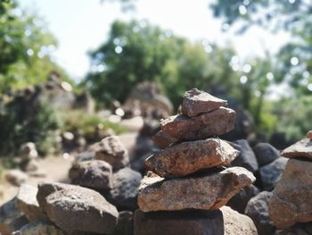 Close-up of stone stack on rock