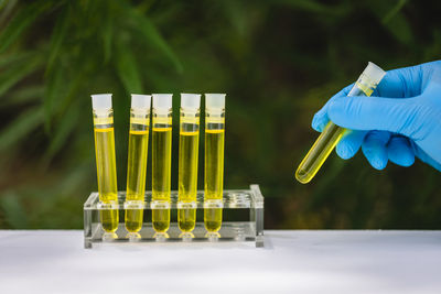 Cropped hand of scientist examining chemical in laboratory