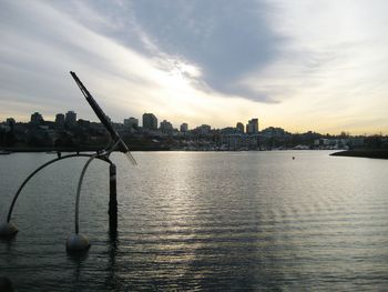 Sunset over river with buildings in background