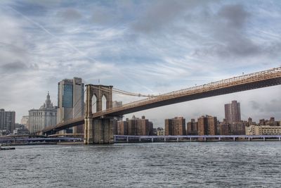 Bridge over river by buildings against sky in city