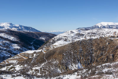 Scenic view of snowcapped mountains against clear sky