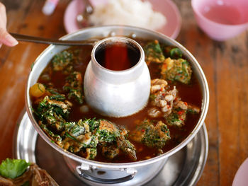 High angle view of food in bowl on table