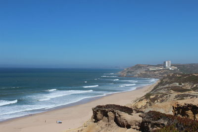 Scenic view of coastline against clear blue sky