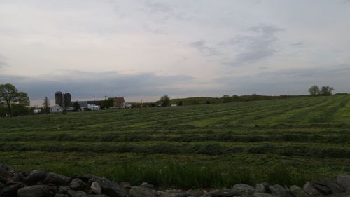 View of grassy field against cloudy sky