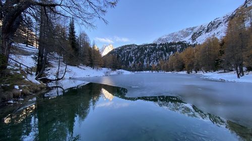 Scenic view of lake by snowcapped mountains against sky