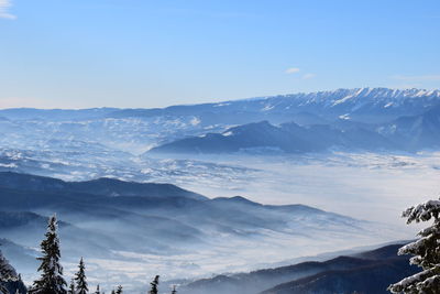 Scenic view of snowcapped mountains against clear sky