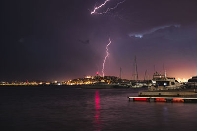 Panoramic view of lightning in sky at night