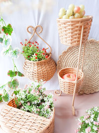 High angle view of potted plants in basket on table