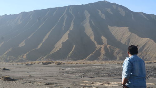 Rear view of man looking at mountains