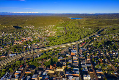 High angle view of street amidst buildings in city