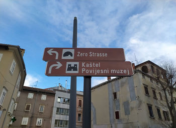 Low angle view of road sign against buildings