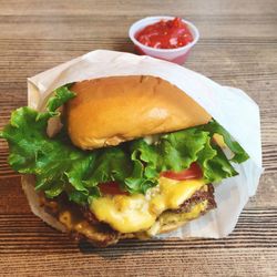 Close-up of burger in plate on table