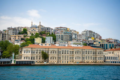 Buildings by river against clear sky