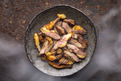 High angle view of meat in cooking pan