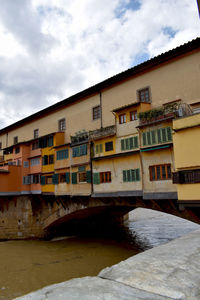 Built structure by river against sky