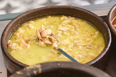 High angle view of fresh meal in claypot