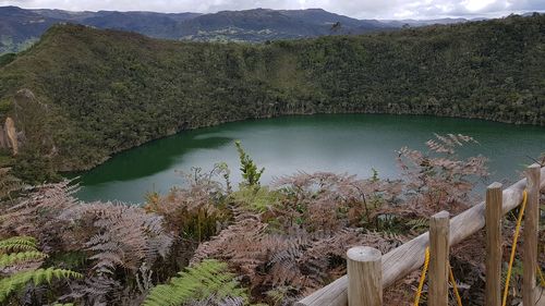 High angle view of trees by lake against sky