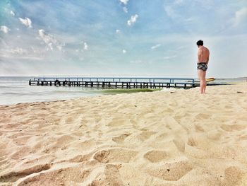 Rear view of man standing on beach