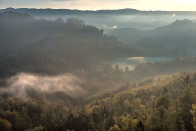 High angle view of trees and mountains in foggy weather