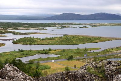 High angle view of lake against sky