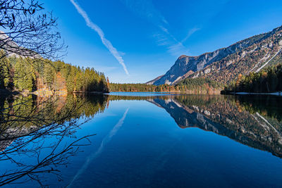 Scenic view of lake against blue sky