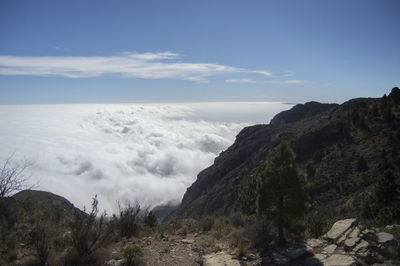 Scenic view of sea by mountain against sky