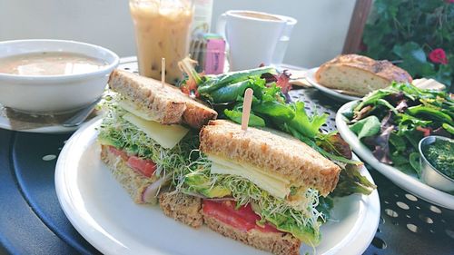 Close-up of breakfast served on table