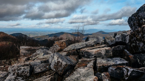 Panoramic view of sea and mountains against sky