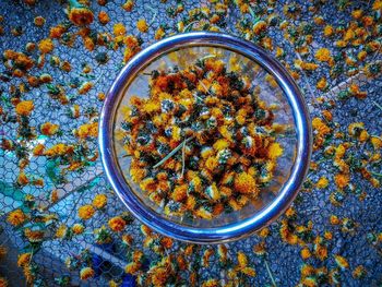 High angle view of fruits in bowl on table