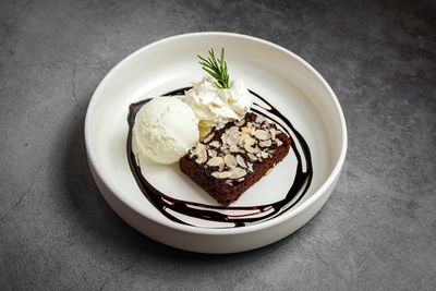 High angle view of dessert in plate on table