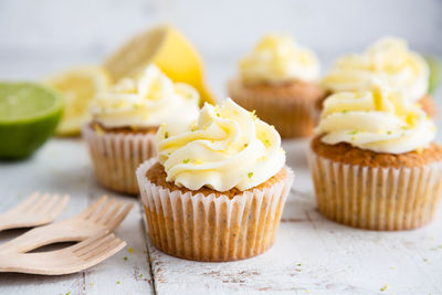 Close-up of cupcakes on table