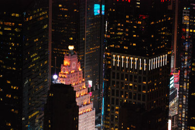 Aerial view of the paramount building in the times square in nyc with bright lights at night