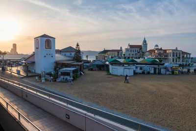 Momochi seaside park and marizon wedding hall by the bay at sunset. famous travel destination