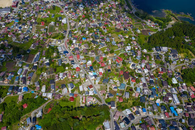 High angle view of trees and buildings