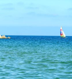 Sailboat sailing in sea against sky