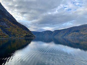 Scenic view of lake by mountains against sky