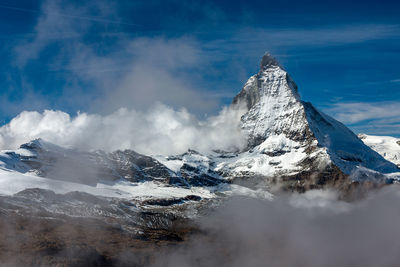 Panoramic view of snowcapped mountains against sky