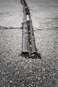 High angle view of railroad tracks on road
