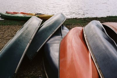 Canoes laid by the lake