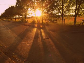 Silhouette trees by road against sky during sunset