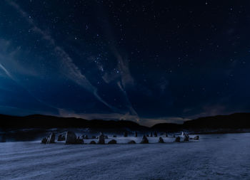 Scenic view of a stone-circle in a field at night under a starry sky. 