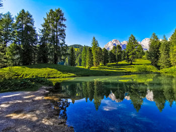 Scenic view of lake against blue sky