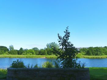 Scenic view of calm lake against clear sky